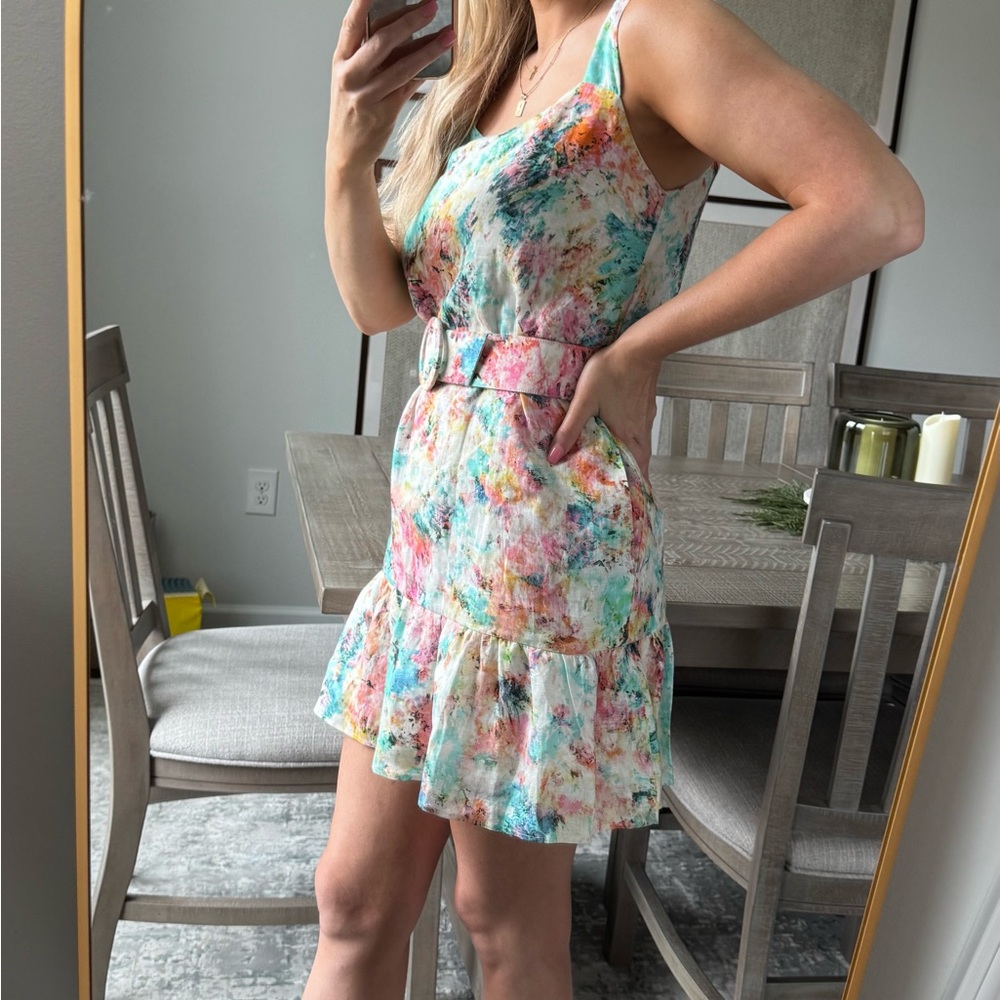 Pastel Floral Sleeveless Spring Summer Belted Dress - Picture 6 of 12